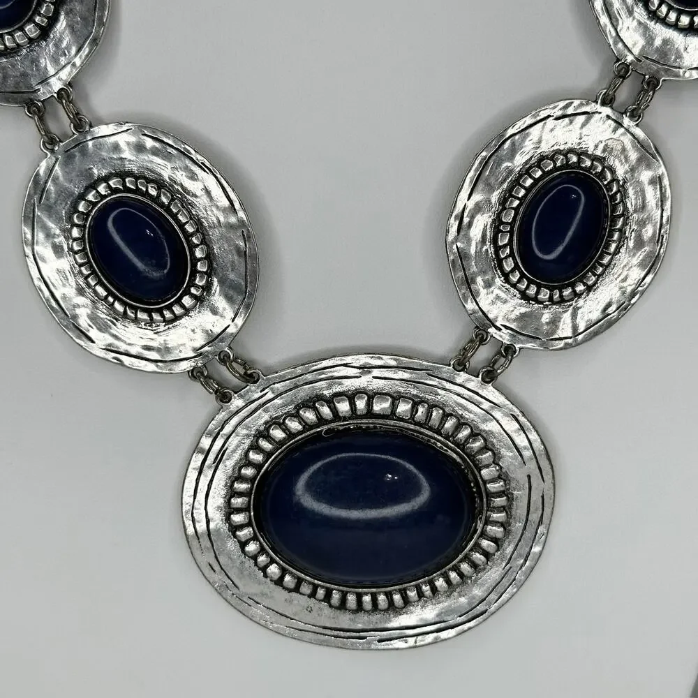 Chico's Blue Cabochon Silver Tone Disc Station Bib Necklace ✨ - Picture 5 of 11